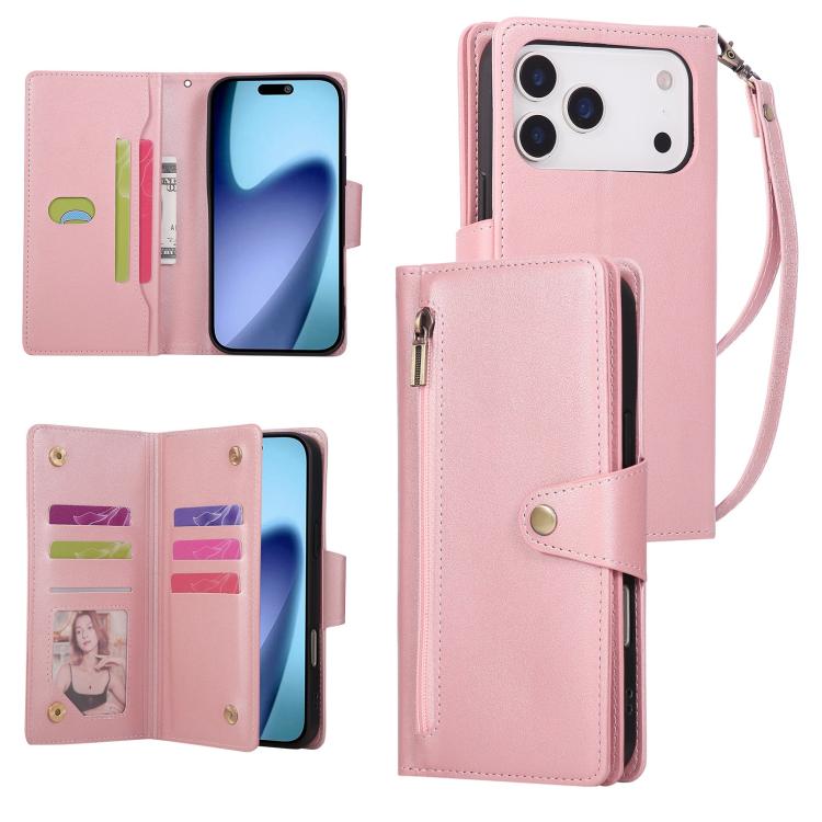 For iPhone 17 Pro Rivet Buckle 9 Cards Three Fold Leather Phone Case(Rose Gold)