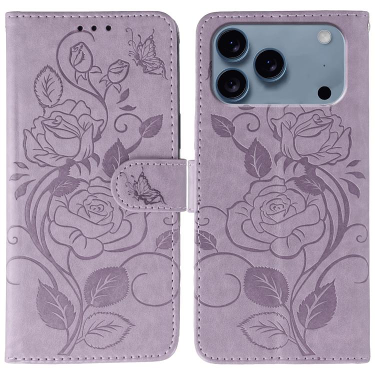 For iPhone 17 Pro Rose Butterfly Embossed Leather Phone Case(Purple)