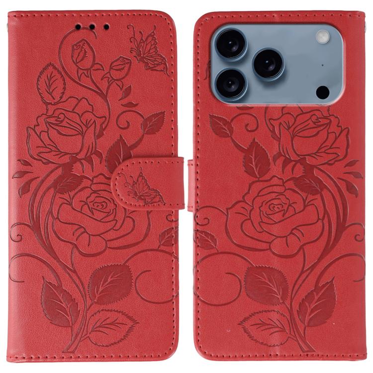 For iPhone 17 Pro Rose Butterfly Embossed Leather Phone Case(Red)