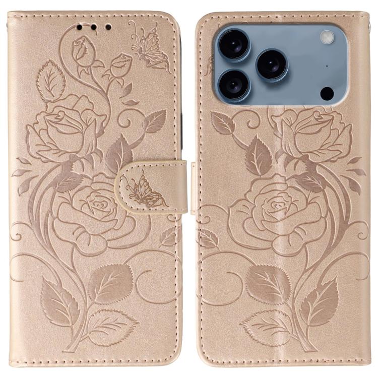 For iPhone 17 Pro Rose Butterfly Embossed Leather Phone Case(Rose Gold)