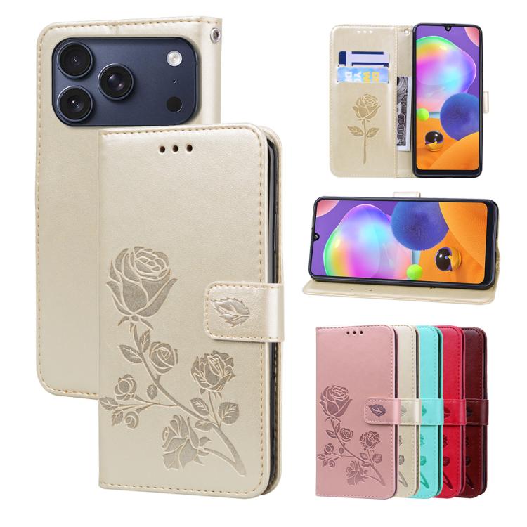 For iPhone 17 Pro Rose Embossed Flip PU Leather Phone Case(Gold)