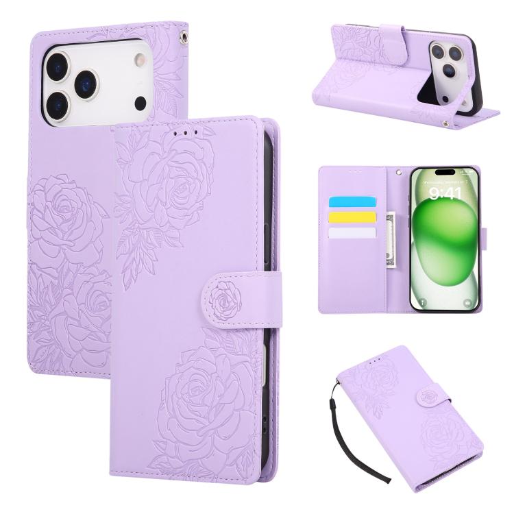 For iPhone 17 Pro Rose Flower Embossed 3-Card Slots Leather Phone Case(Purple)