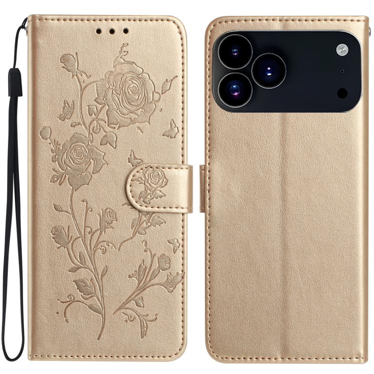 For iPhone 17 Pro Rose Flower Embossing Pattern Leather Phone Case(Gold)