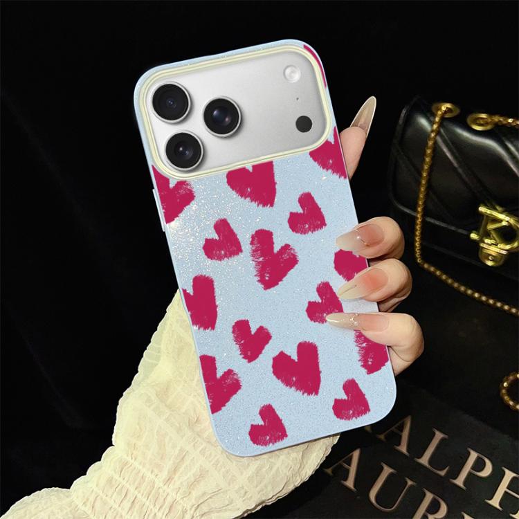 For iPhone 17 Pro Rose Red Hearts Pattern IMD Glitter PC Hybrid TPU Phone Case(Blue)