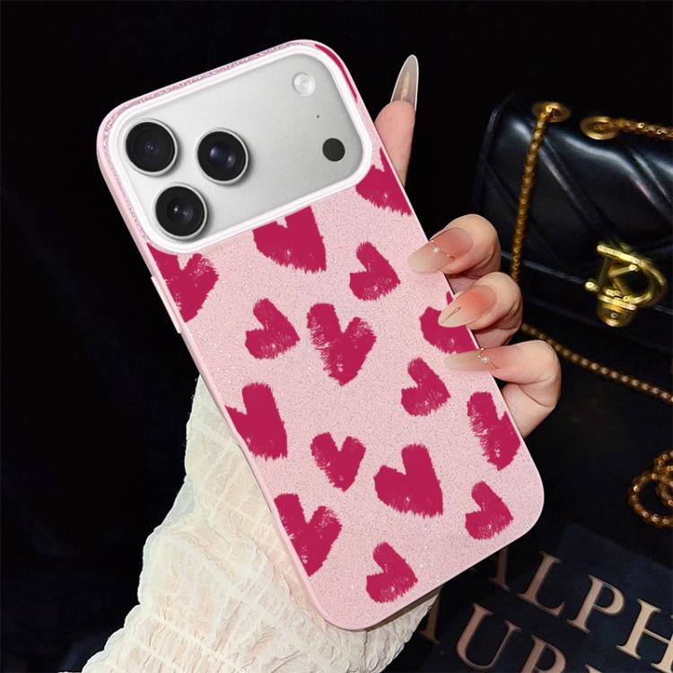 For iPhone 17 Pro Rose Red Hearts Pattern IMD Glitter PC Hybrid TPU Phone Case(Pink)