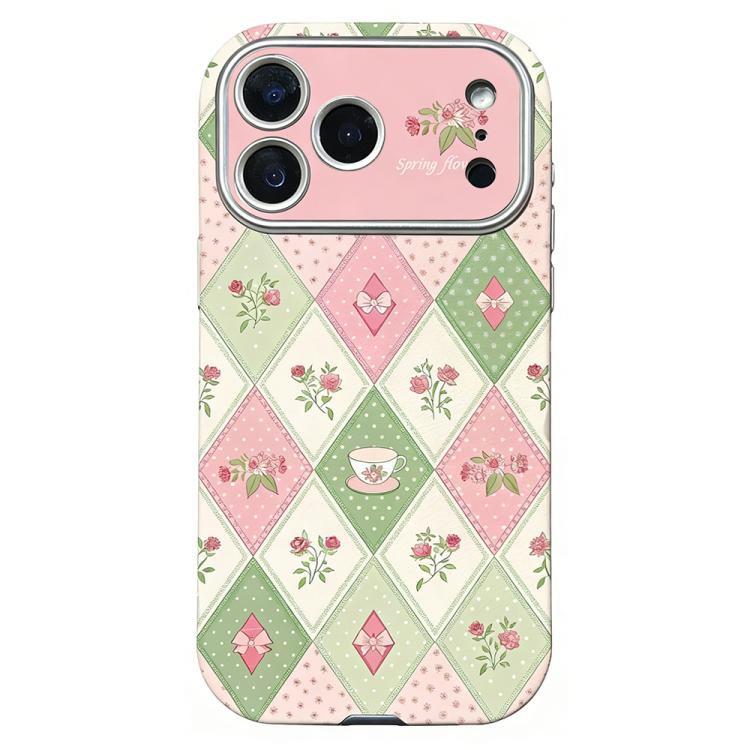 For iPhone 17 Pro Rounded Edge Large Window Silicone Phone Case(Diamond-grid Flowers)