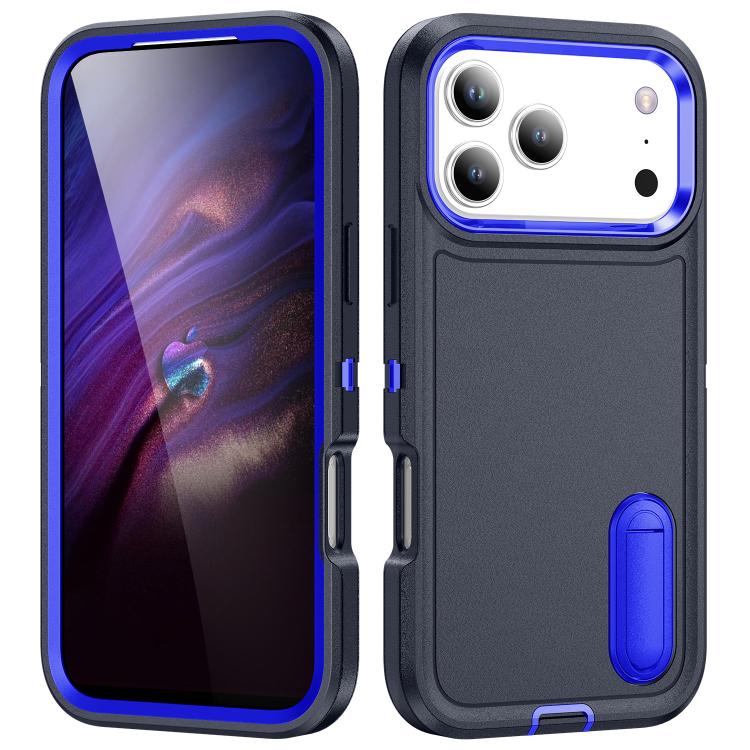 For iPhone 17 Pro Rugged PC + Silicone Phone Case with Holder(Dark Blue+Royal Blue)