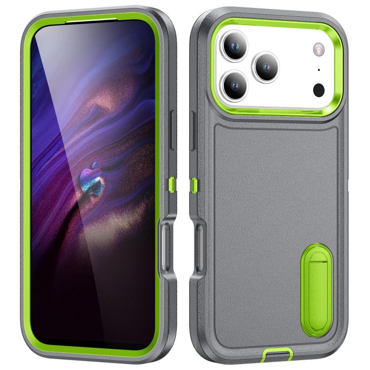 For iPhone 17 Pro Rugged PC + Silicone Phone Case with Holder(Grey+Fresh Green)