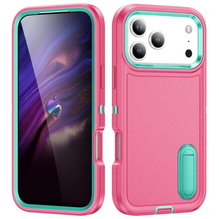 For iPhone 17 Pro Rugged PC + Silicone Phone Case with Holder(Rose Red+Light Green)