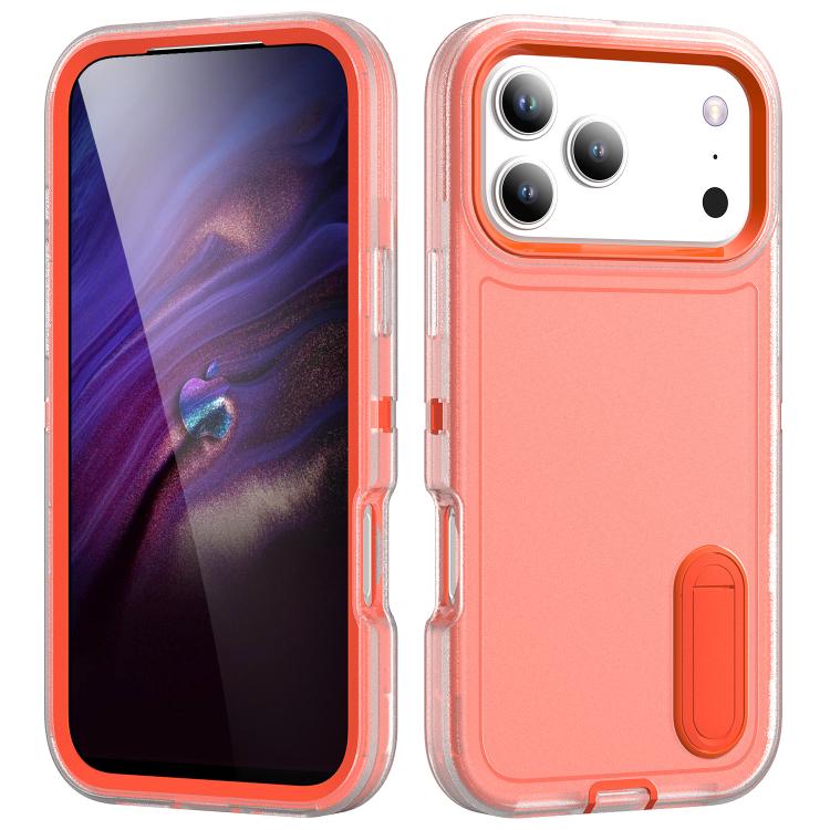 For iPhone 17 Pro Rugged PC + Silicone Phone Case with Holder(Transparent+Orange)