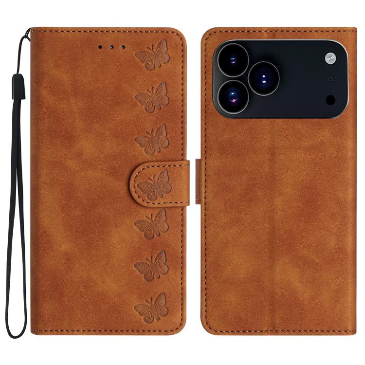 For iPhone 17 Pro Seven Butterflies Embossed Leather Phone Case(Brown)