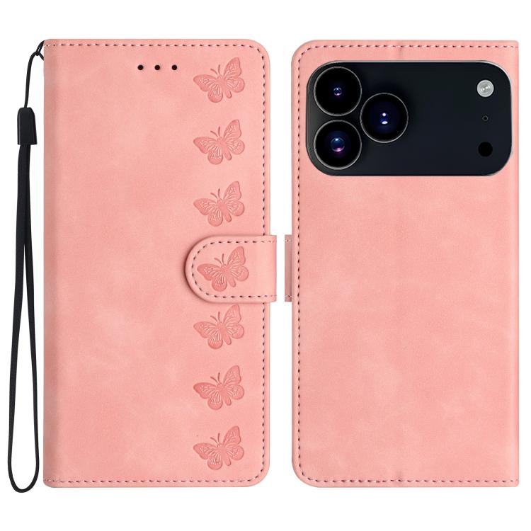 For iPhone 17 Pro Seven Butterflies Embossed Leather Phone Case(Pink)