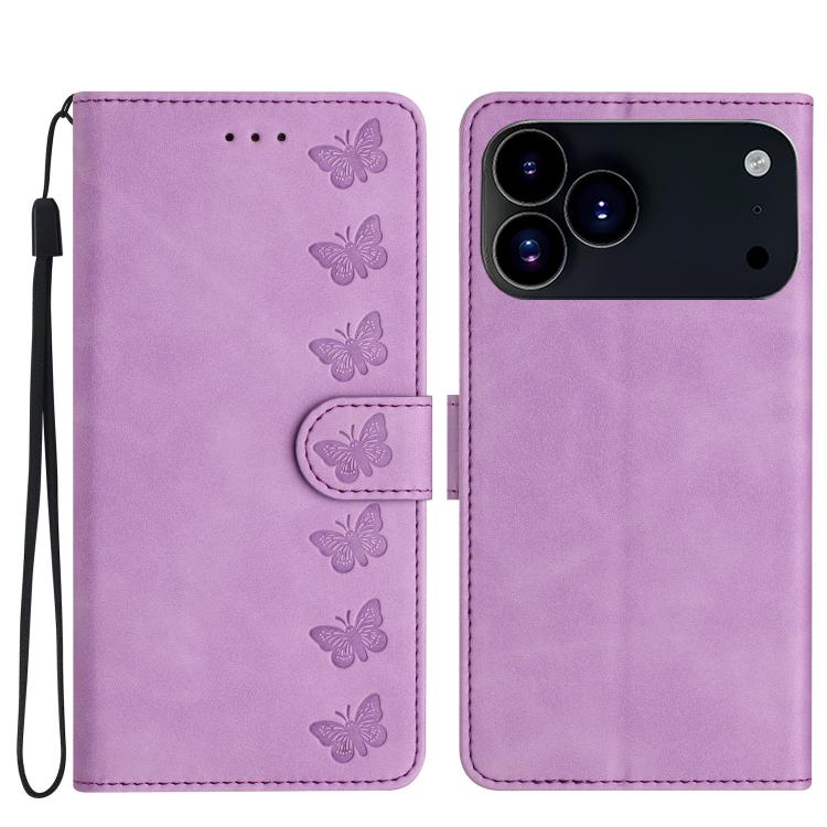 For iPhone 17 Pro Seven Butterflies Embossed Leather Phone Case(Purple)