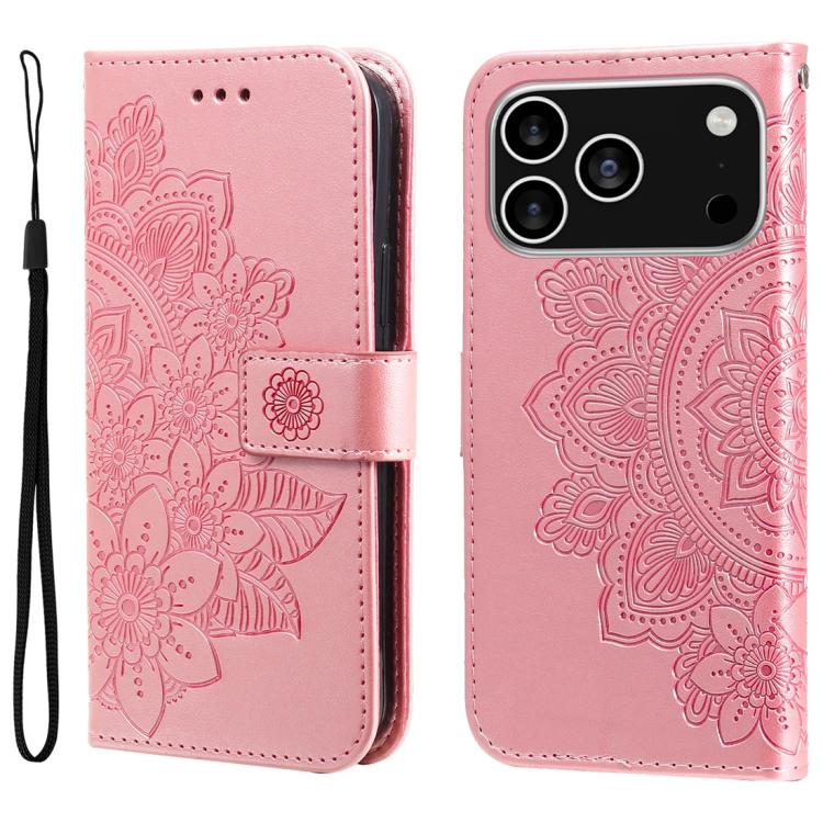 For iPhone 17 Pro Seven-petal Flowers Embossing Leather Phone Case(Rose Gold)