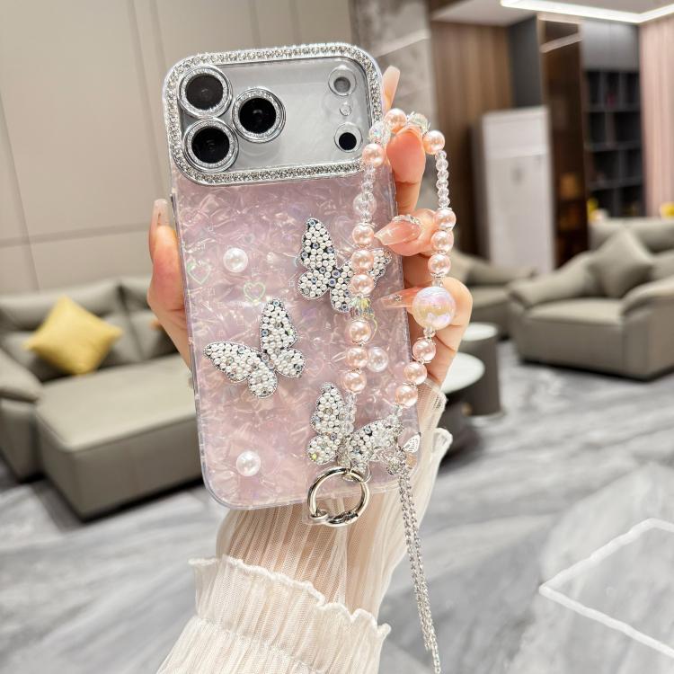 For iPhone 17 Pro Shell Texture 3D Pearl Butterfly Diamond Glitter Phone Case with Bracelet Chain(Blue)