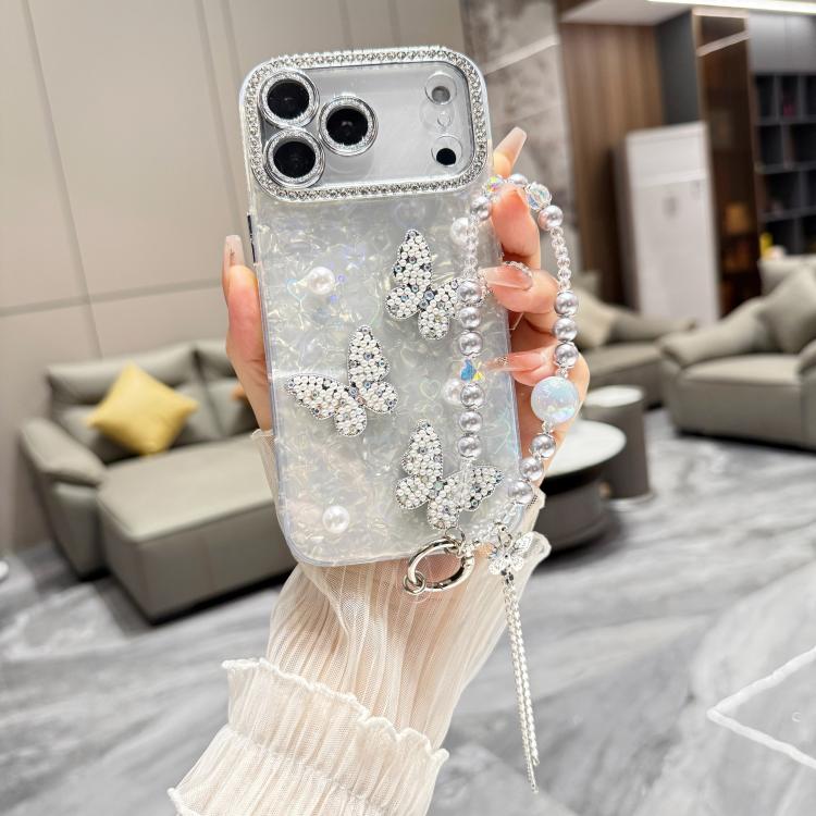 For iPhone 17 Pro Shell Texture 3D Pearl Butterfly Diamond Glitter Phone Case with Bracelet Chain(Green)