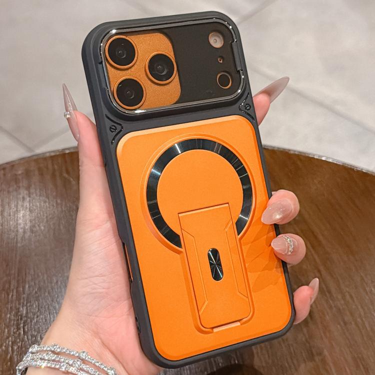 For iPhone 17 Pro Shockproof Lens Cover Magnetic Phone Case with Hidden Holder(Orange)