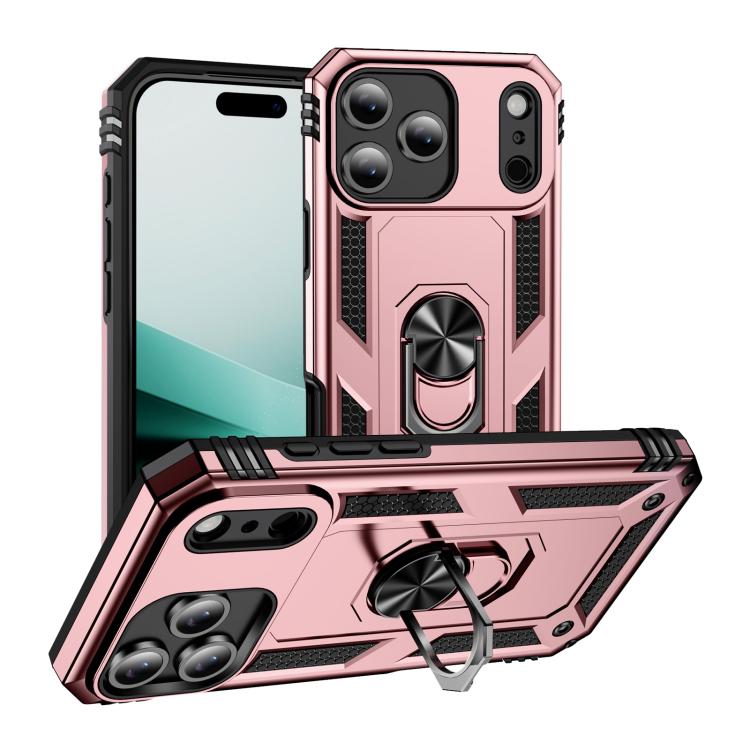 For iPhone 17 Pro Shockproof TPU Hybrid PC Phone Case with Holder(Rose Gold)
