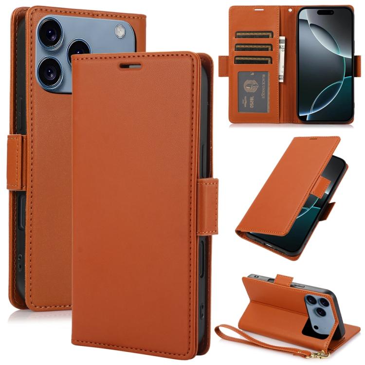 For iPhone 17 Pro Side Buckle RFID Anti-theft Leather Phone Case(Brown)