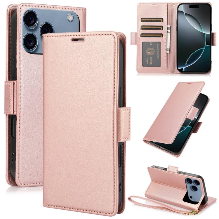 For iPhone 17 Pro Side Buckle RFID Anti-theft Leather Phone Case(Rose Gold)