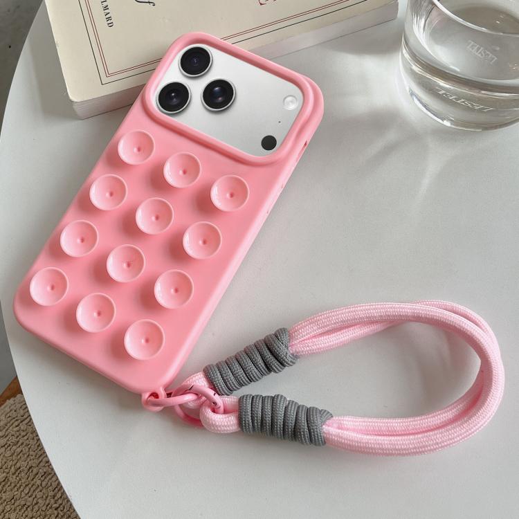 For iPhone 17 Pro Simple Suction Cup Silicone Phone Case with Lanyard(Pink)