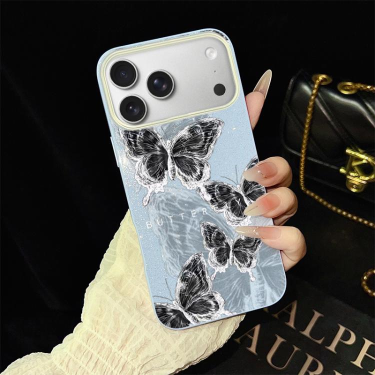 For iPhone 17 Pro Sketch Butterflies Pattern IMD Glitter PC Hybrid TPU Phone Case(Blue)