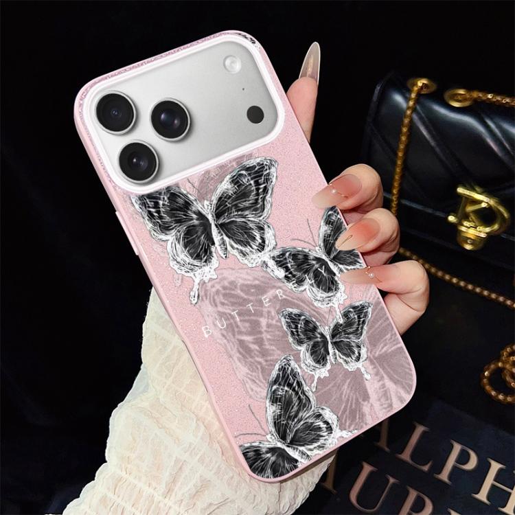 For iPhone 17 Pro Sketch Butterflies Pattern IMD Glitter PC Hybrid TPU Phone Case(Pink)