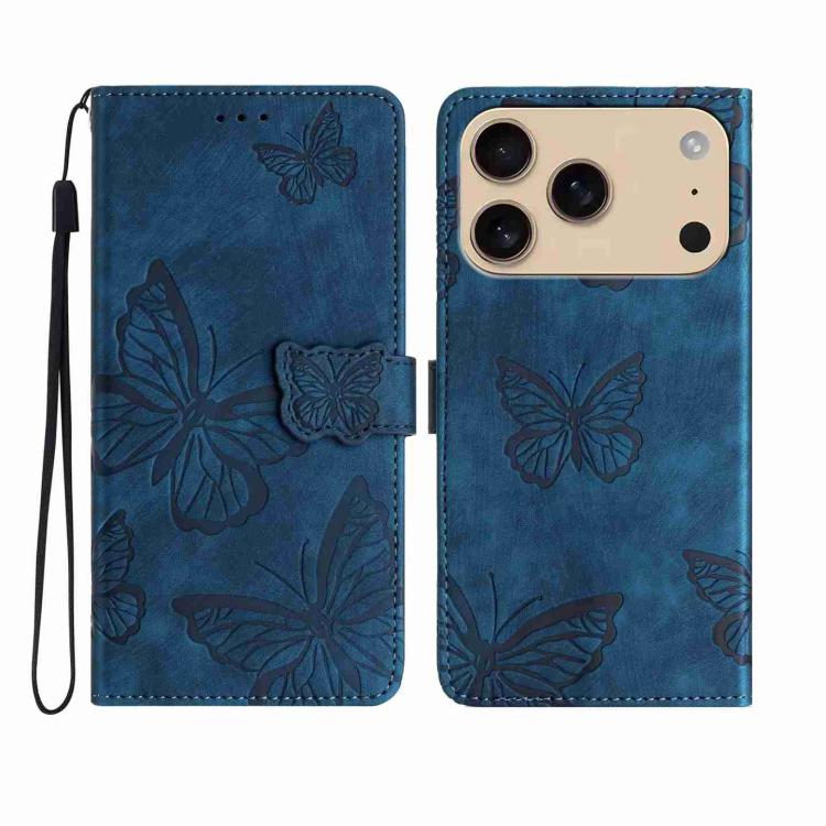 For iPhone 17 Pro Skin-feel Embossed Butterfly Leather Phone Case(Blue)