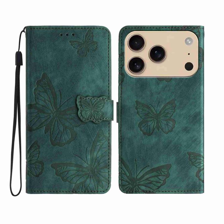 For iPhone 17 Pro Skin-feel Embossed Butterfly Leather Phone Case(Green)