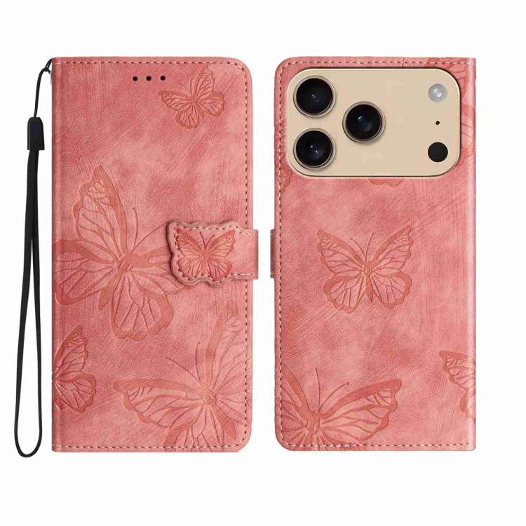 For iPhone 17 Pro Skin-feel Embossed Butterfly Leather Phone Case(Pink)