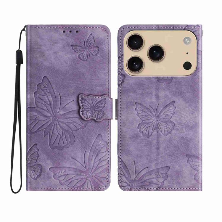 For iPhone 17 Pro Skin-feel Embossed Butterfly Leather Phone Case(Purple)