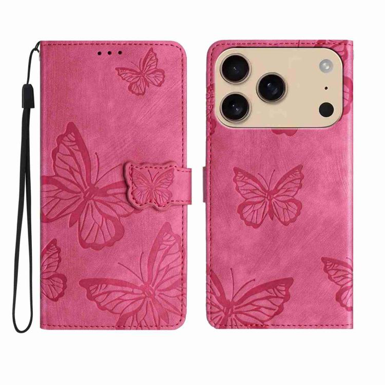 For iPhone 17 Pro Skin-feel Embossed Butterfly Leather Phone Case(Rose Red)