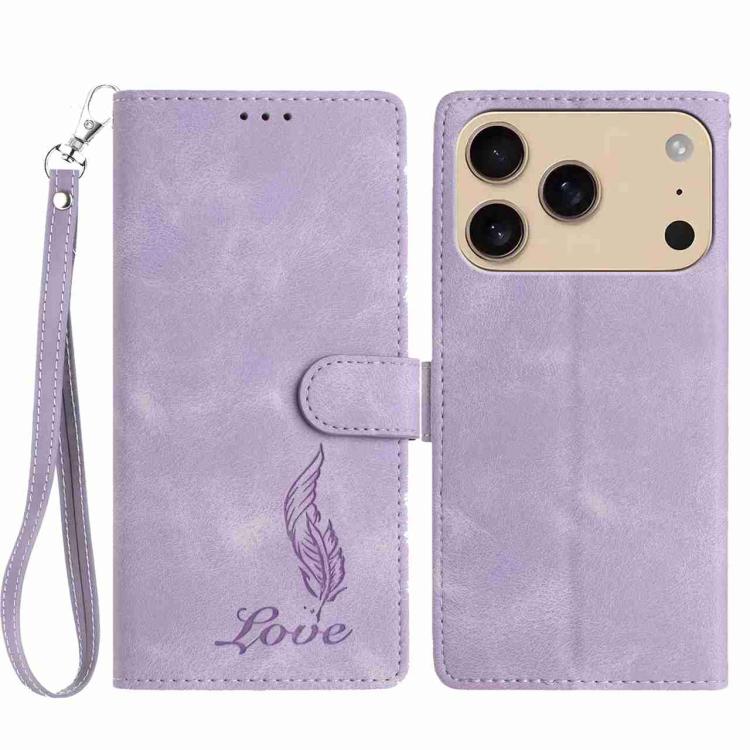 For iPhone 17 Pro Skin Feel Embossed Feather Leather Phone Case(Purple)