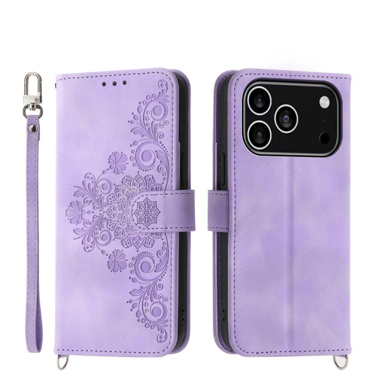 For iPhone 17 Pro Skin-feel Flowers Embossed Wallet Leather Phone Case(Purple)