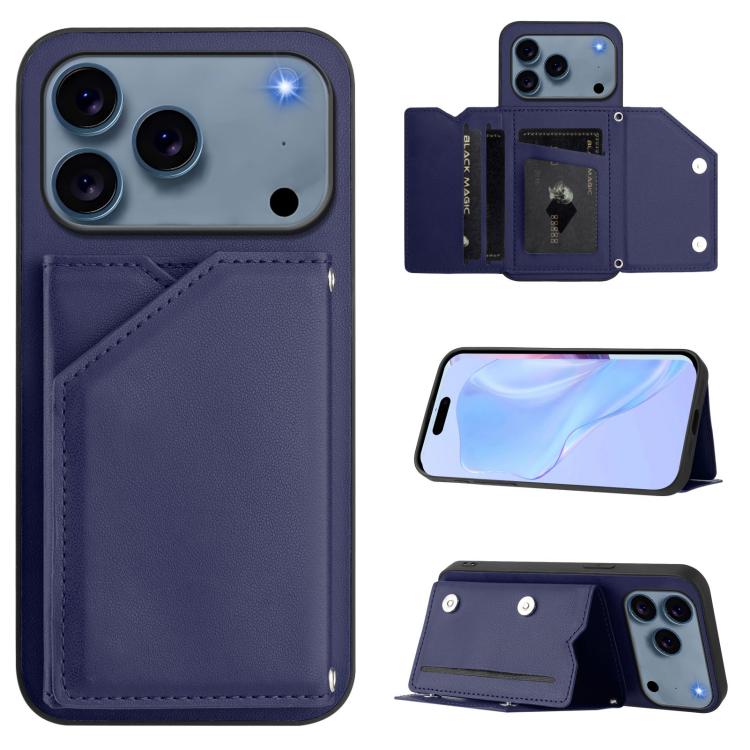 For iPhone 17 Pro Skin Feel Four Card Slots Phone Case with Wrist Strap(Blue)