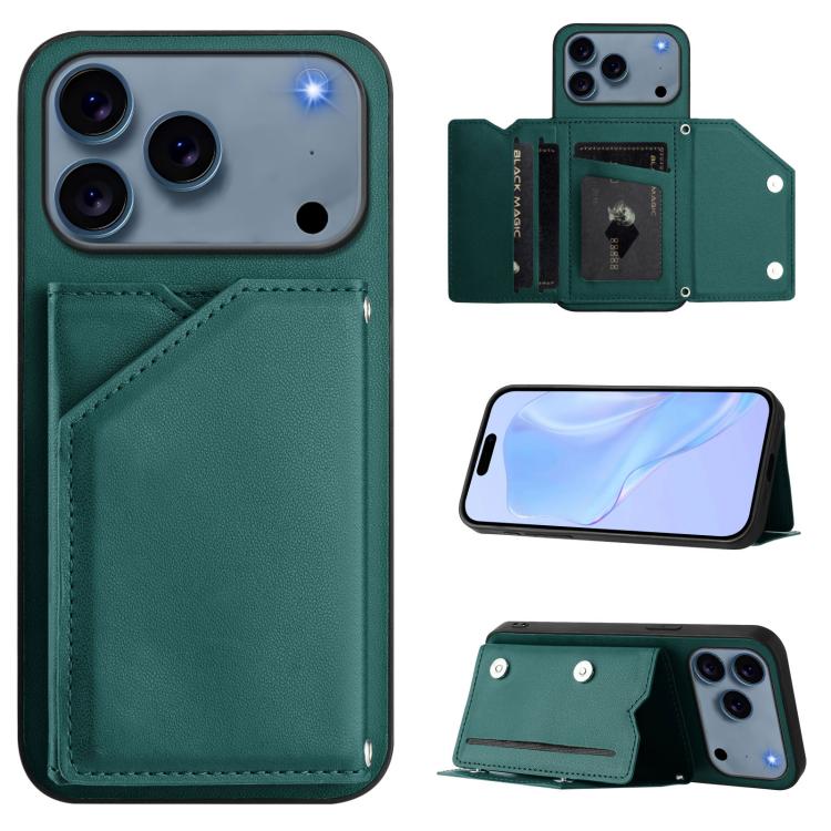 For iPhone 17 Pro Skin Feel Four Card Slots Phone Case with Wrist Strap(Green)