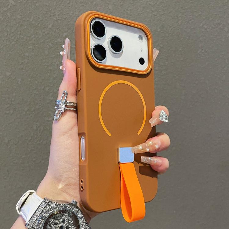 For iPhone 17 Pro Skin-feel Magnetic TPU Phone Case with Silicone Strap(Brown)