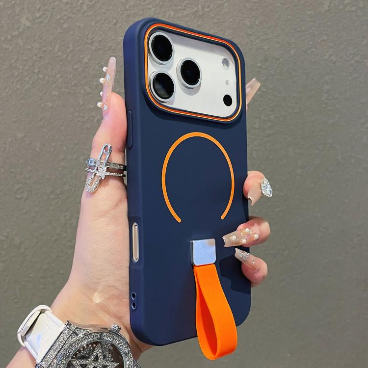 For iPhone 17 Pro Skin-feel Magnetic TPU Phone Case with Silicone Strap(Dark Blue)