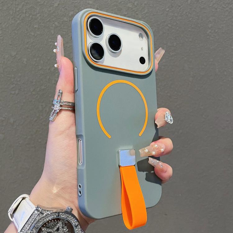For iPhone 17 Pro Skin-feel Magnetic TPU Phone Case with Silicone Strap(Grey)