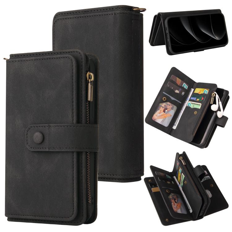 For iPhone 17 Pro Skin Feel Multi Card Slots Zipper Wallet Leather Phone Case(Black)
