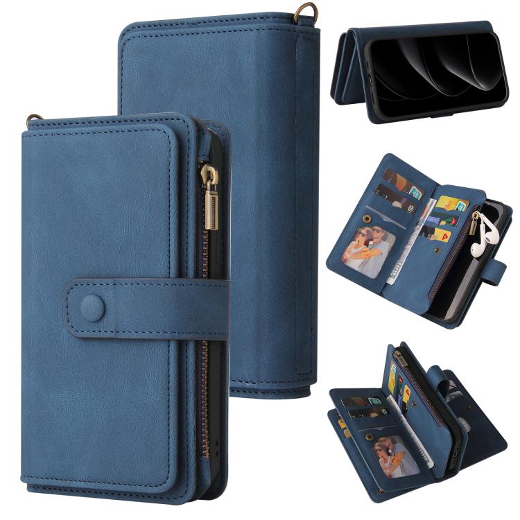 For iPhone 17 Pro Skin Feel Multi Card Slots Zipper Wallet Leather Phone Case(Blue)
