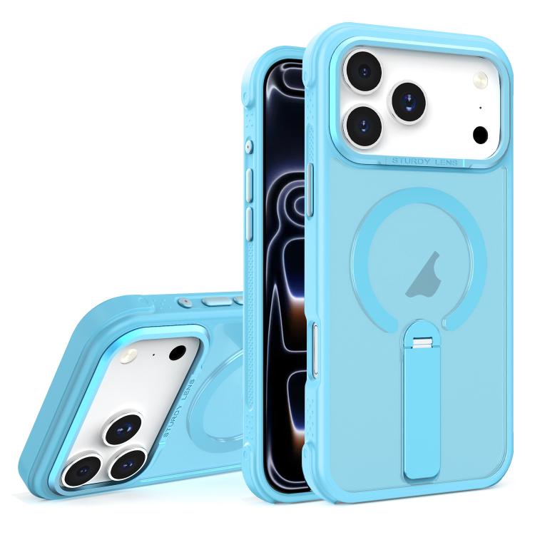 For iPhone 17 Pro Skin Feel PC TPU Hybrid Fold Holder Magnetic Phone Case(Sky Blue)