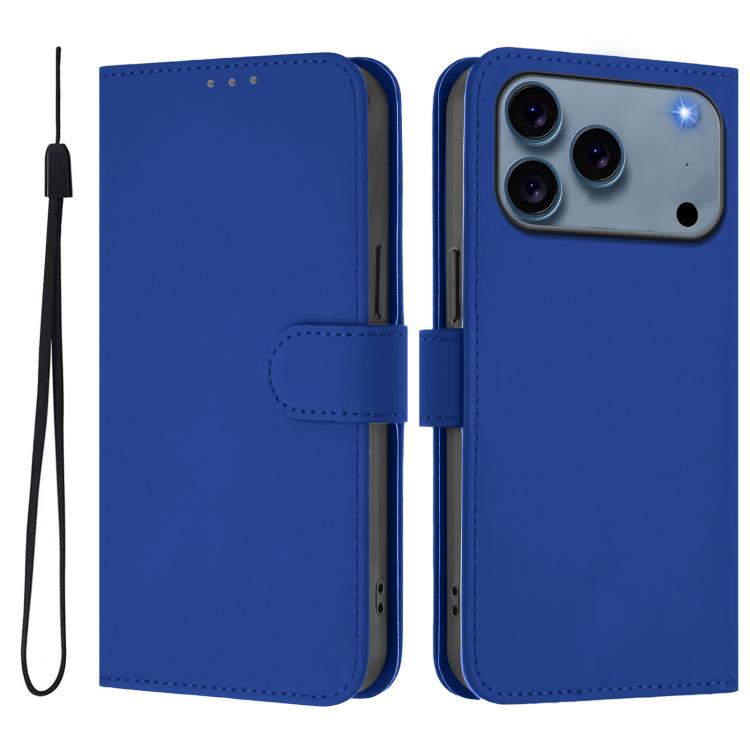 For iPhone 17 Pro Skin Feel Solid Color Leather Phone Case with Lanyard(Dark Blue)