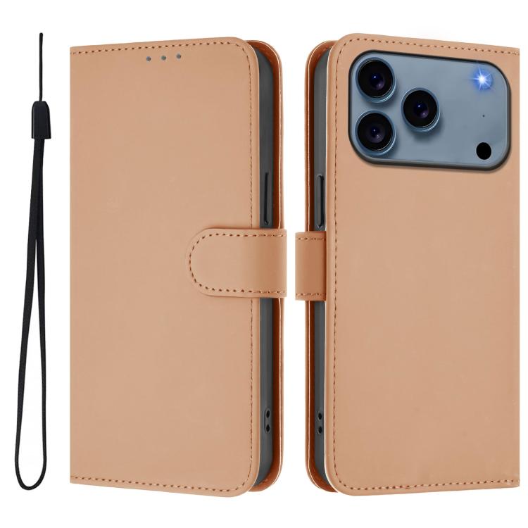 For iPhone 17 Pro Skin Feel Solid Color Leather Phone Case with Lanyard(Nude)
