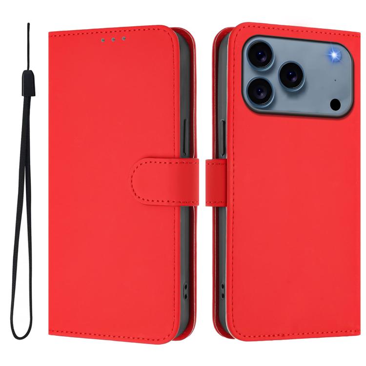 For iPhone 17 Pro Skin Feel Solid Color Leather Phone Case with Lanyard(Red)