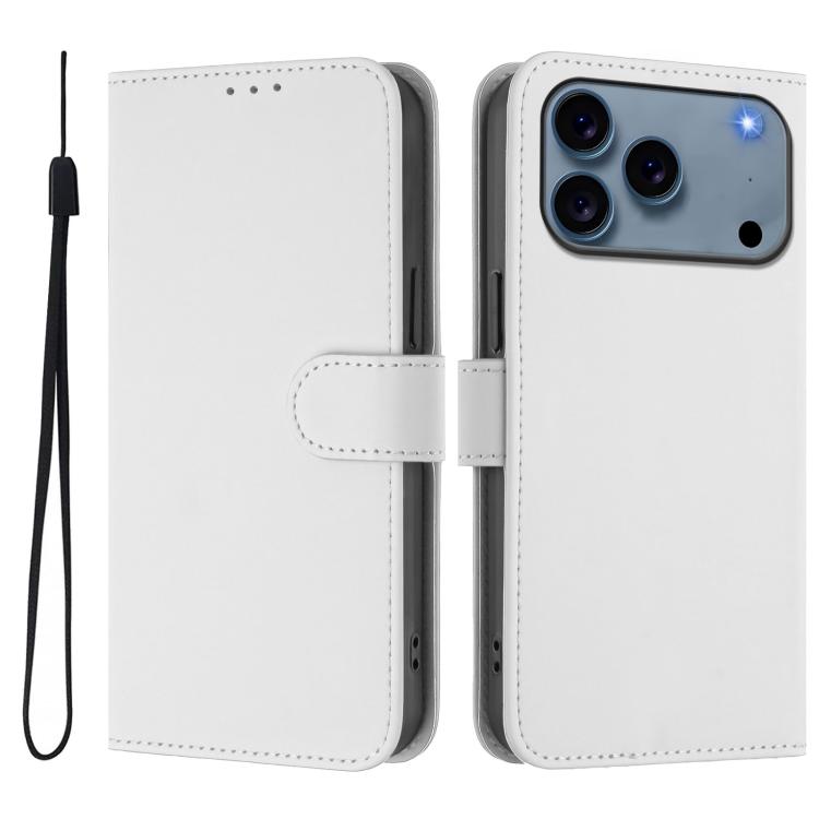 For iPhone 17 Pro Skin Feel Solid Color Leather Phone Case with Lanyard(White)