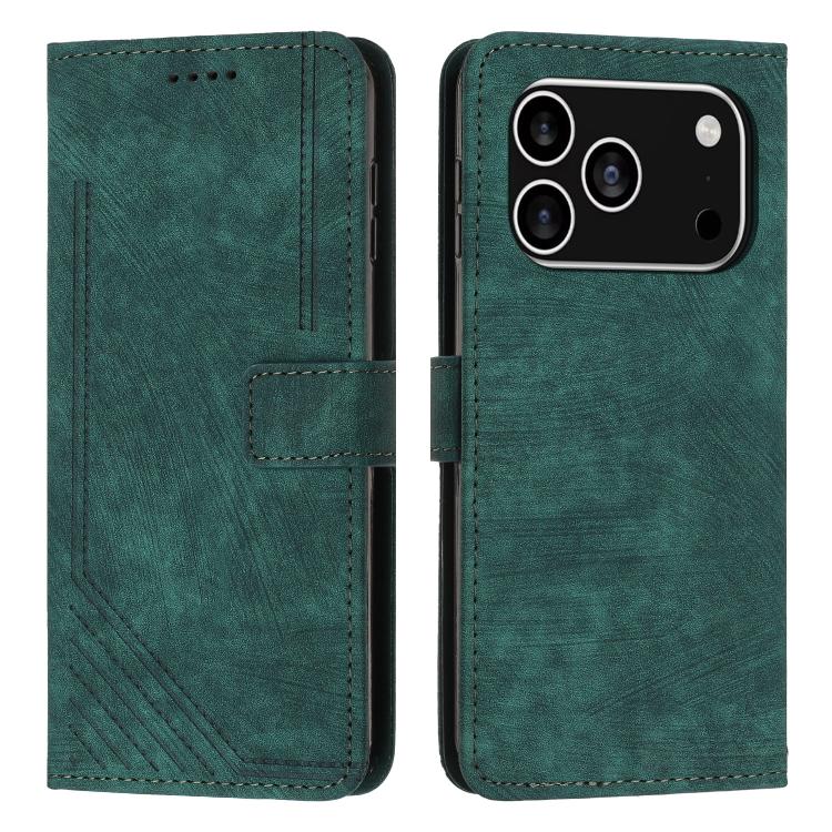 For iPhone 17 Pro Skin Feel Stripe Pattern Leather Phone Case with Lanyard(Green)