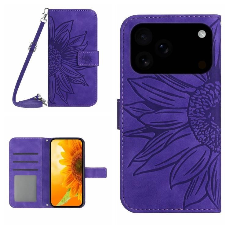 For iPhone 17 Pro Skin Feel Sun Flower Embossed Flip Leather Phone Case with Lanyard(Dark Purple)