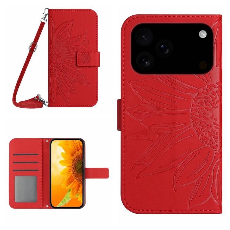 For iPhone 17 Pro Skin Feel Sun Flower Embossed Flip Leather Phone Case with Lanyard(Red)