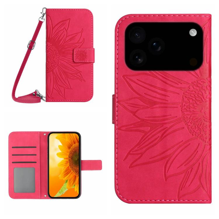 For iPhone 17 Pro Skin Feel Sun Flower Embossed Flip Leather Phone Case with Lanyard(Rose Red)